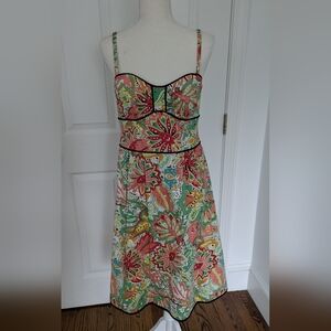 Nanette Lepore Dress Sz 8 Green Printed Sheath Knee Length Spaghetti Strap Dress